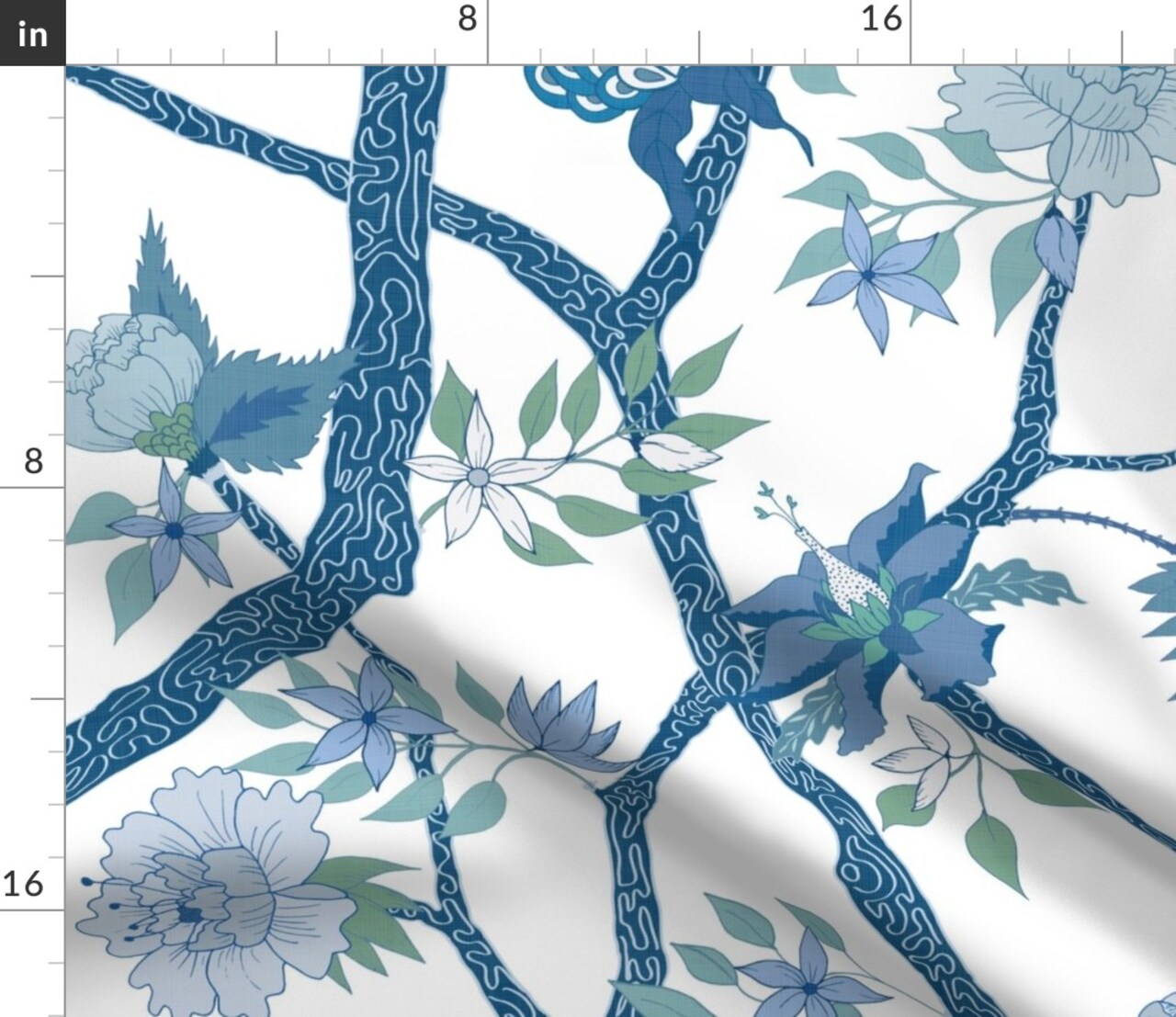 Garden Chinoiserie Green Floral Branch Large Scale Peony Blue And White Chinoiserie Mural Branches Trees Spring Custom Printed Fabric by Spoonflower Various Fabrics by the Yard or Fat Quarter